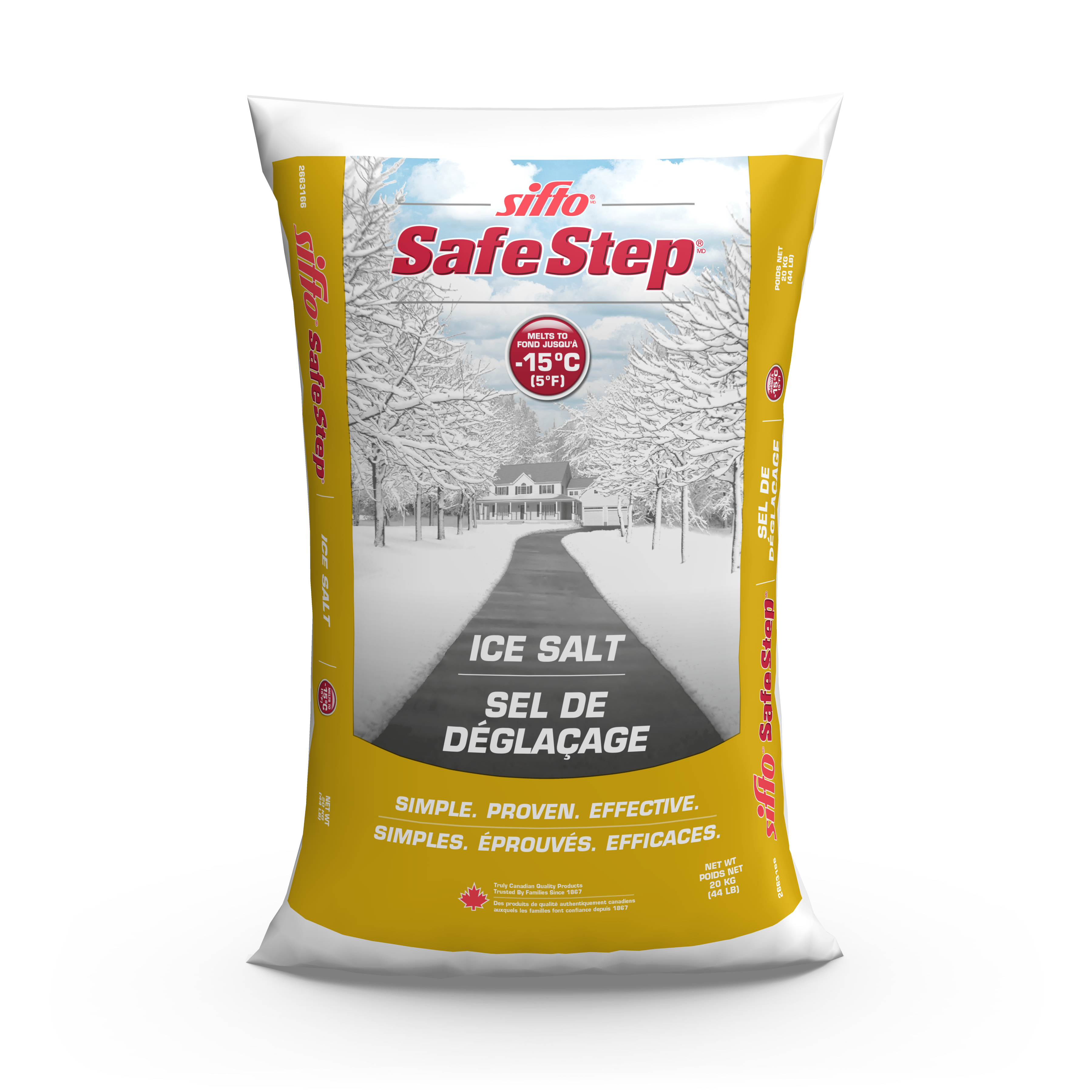 The front of a 20 lb bag of Sifto Safe Step ice melter